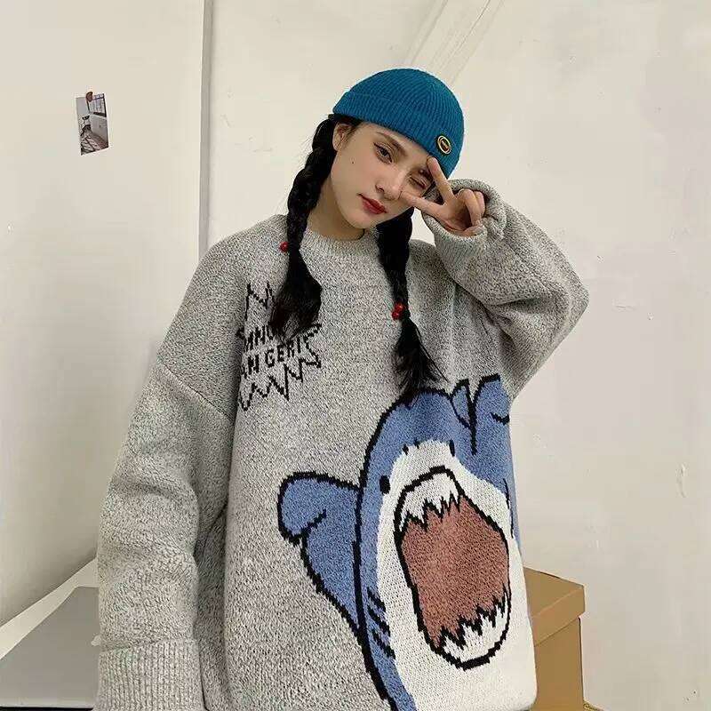 ZAZOMDE Turtlenecks Shark Sweater 2023 Winter Patchwor Haruku Korean Style High Neck Oversized Grey Turtleneck For Men