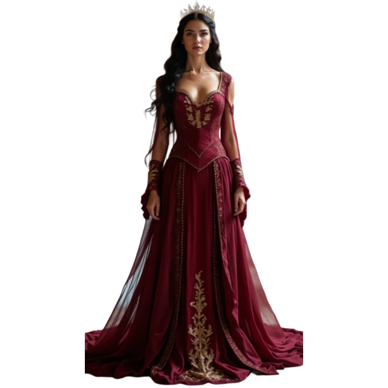 Vintage Burgundy Victorian Evening Dresses With Gold Lace Appliques Long Sleeves A-Line Elegant Corset Prom Gown For Women
