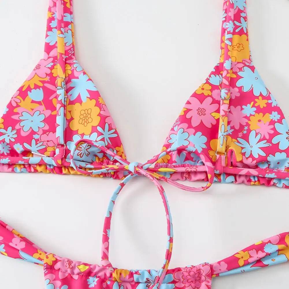 Reversible Two-piece Swimsuit Floral Print V-neck Bikini Set with High Waist Women for Summer