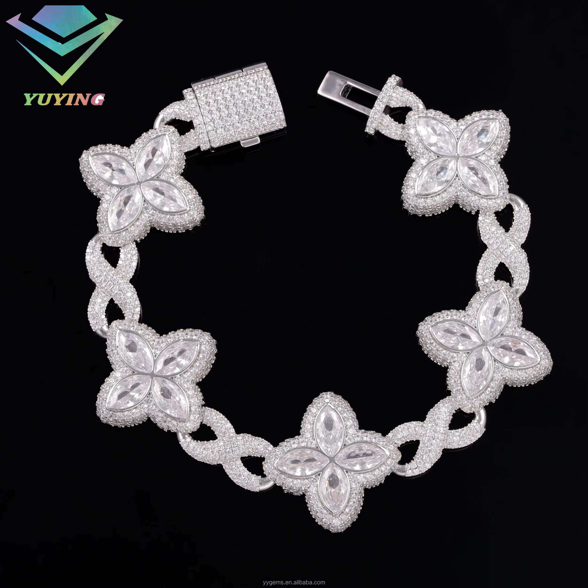 Popular Clover Bracelet Hip Hop Jewelry 925 Sterling Silver Gold Plated Men Bracelet Four Leaf Clover Moissanite Cuban Bracelet