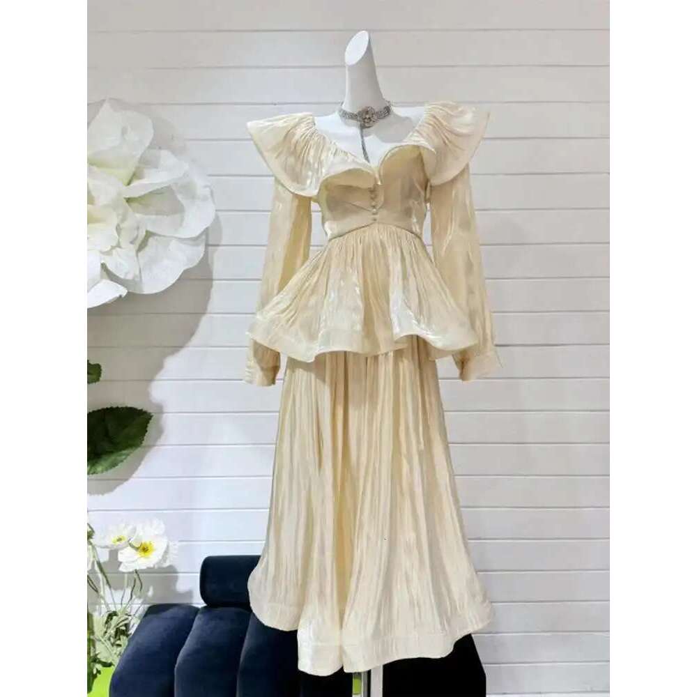 IEQJ Solid Ruffles Women's 2 Piece Sets V Neck Long Sleeve Shirt High Waist Skirts Loose Elegant Set Autumn 2025 New 3Wm2030