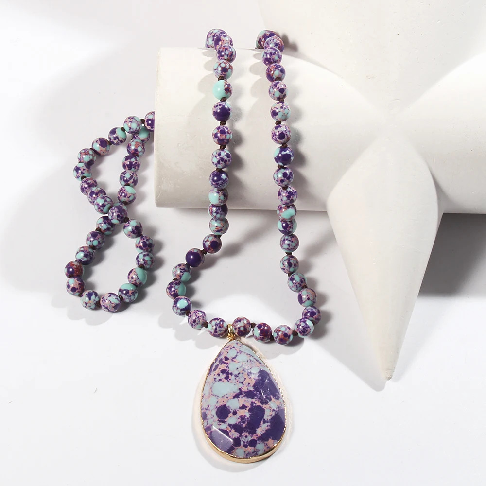 Fashion Lover Gift Lady Bohemian Jewelry Natural Gemstone 8mm Pink Imperial Stone Knotted Faced Drop Pendant Necklaces 250604