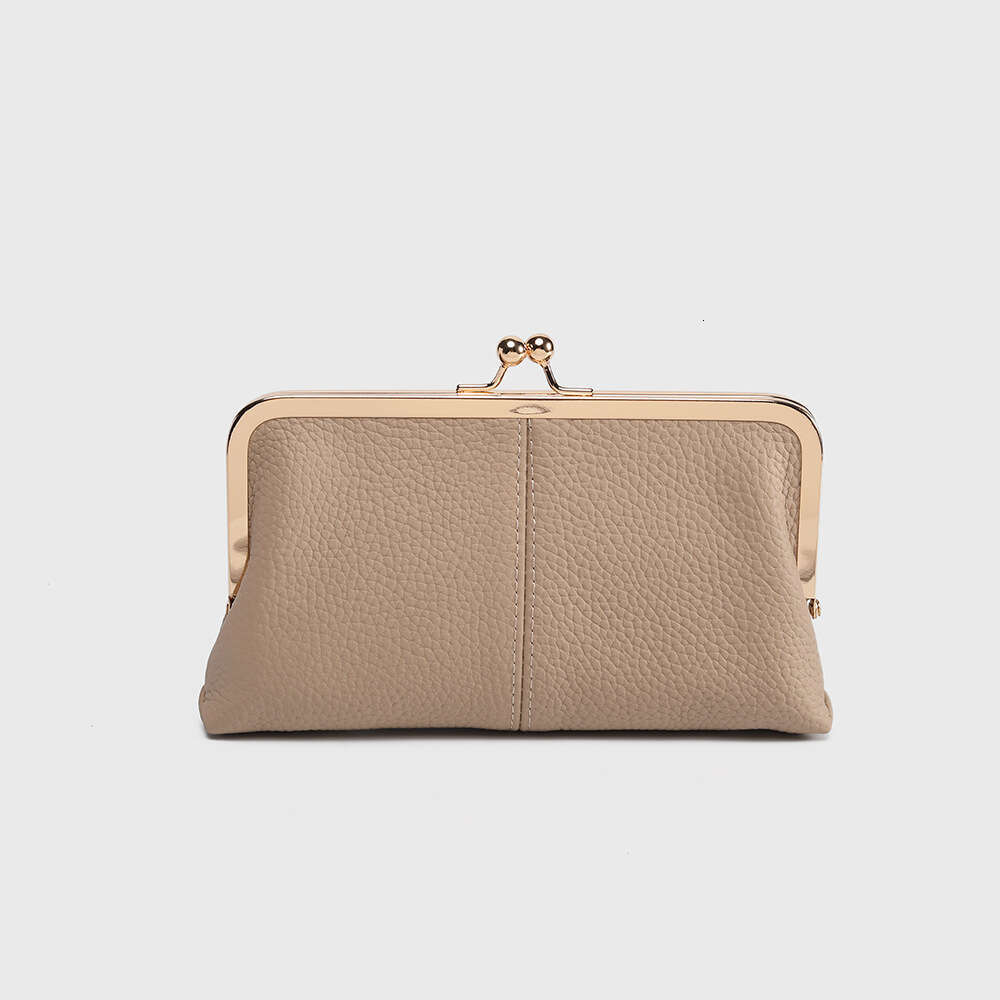 New Genuine Leather Long Clutch Simple Fashion Clip First Layer Cowhide Wallet Gold Frame Storage Bag Large Capacity
