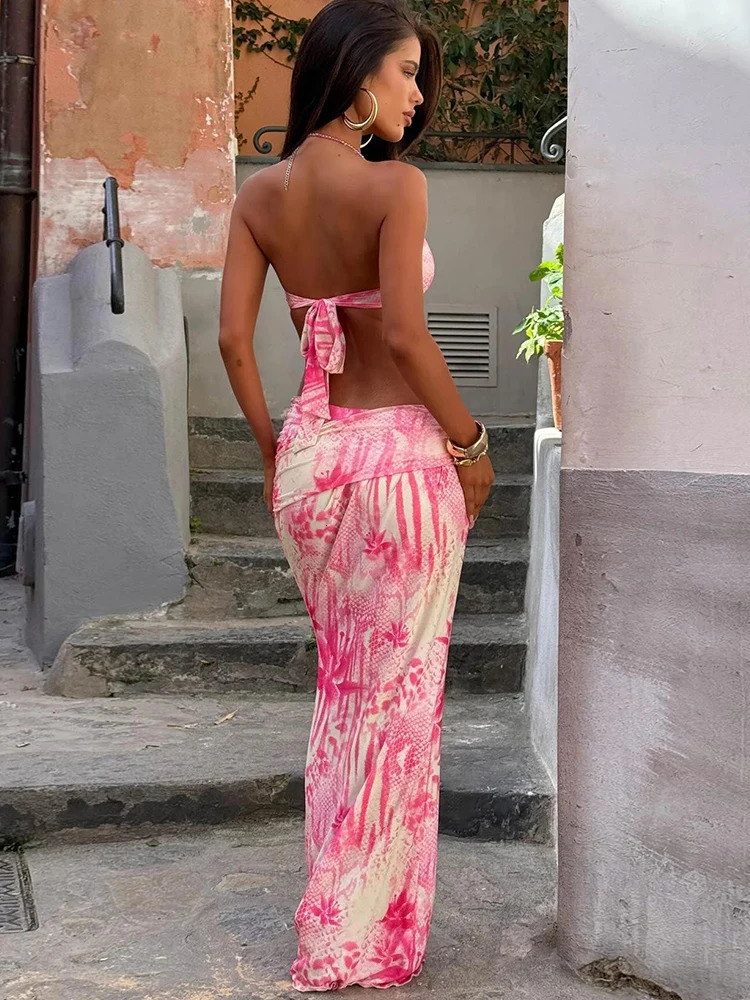 Weird Puss Fashion Patchwork 2 Piece Set Women Pearls Necklace Halter Applique Crop TopsSkinny Skirts Vacation Beach Style Suit 250609