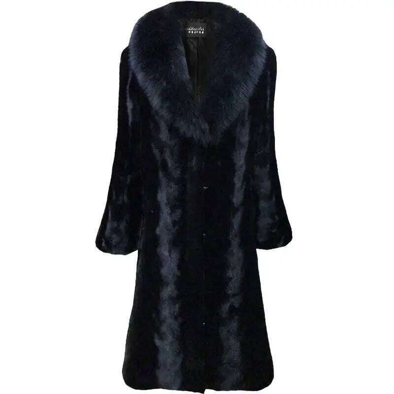 Women's Winter Warm Black with Mink Mid-length Fox Fur Collar Coat Plus Size Thick and Elegant