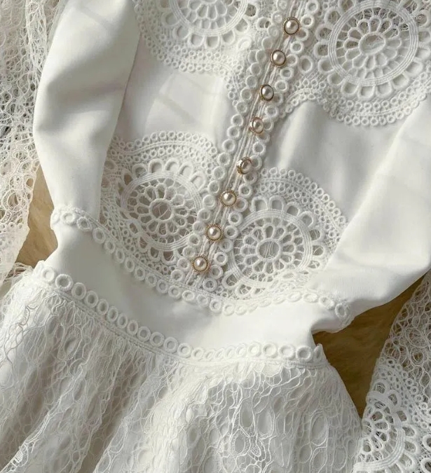 Summer Womens Casual Dresses Vintage Flower Embroidery Hollow Out Lace White Dress Womens Stand Collar Long Lantern Sleeve Pearls Buttons Party Vestid