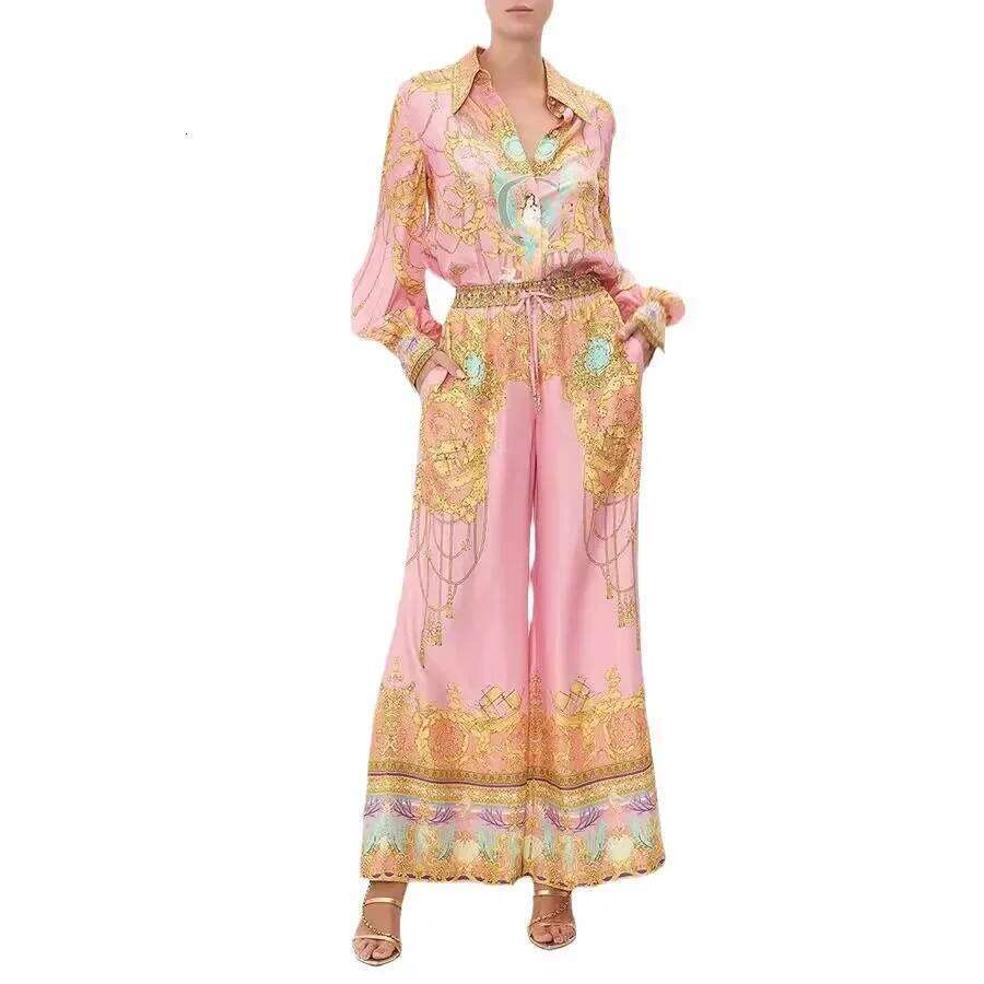 New Europe And The United States Leisure Long-Sleeved Pink Printed Shirt Trousers Two Sets Of Women