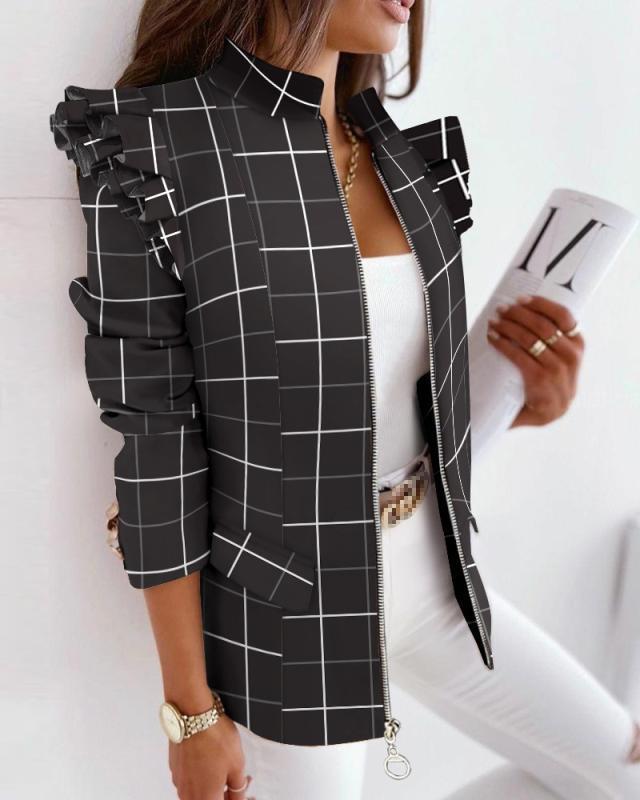 2025 popular autumn and winter ruffled long sleeved zipper printed suit jacket for women