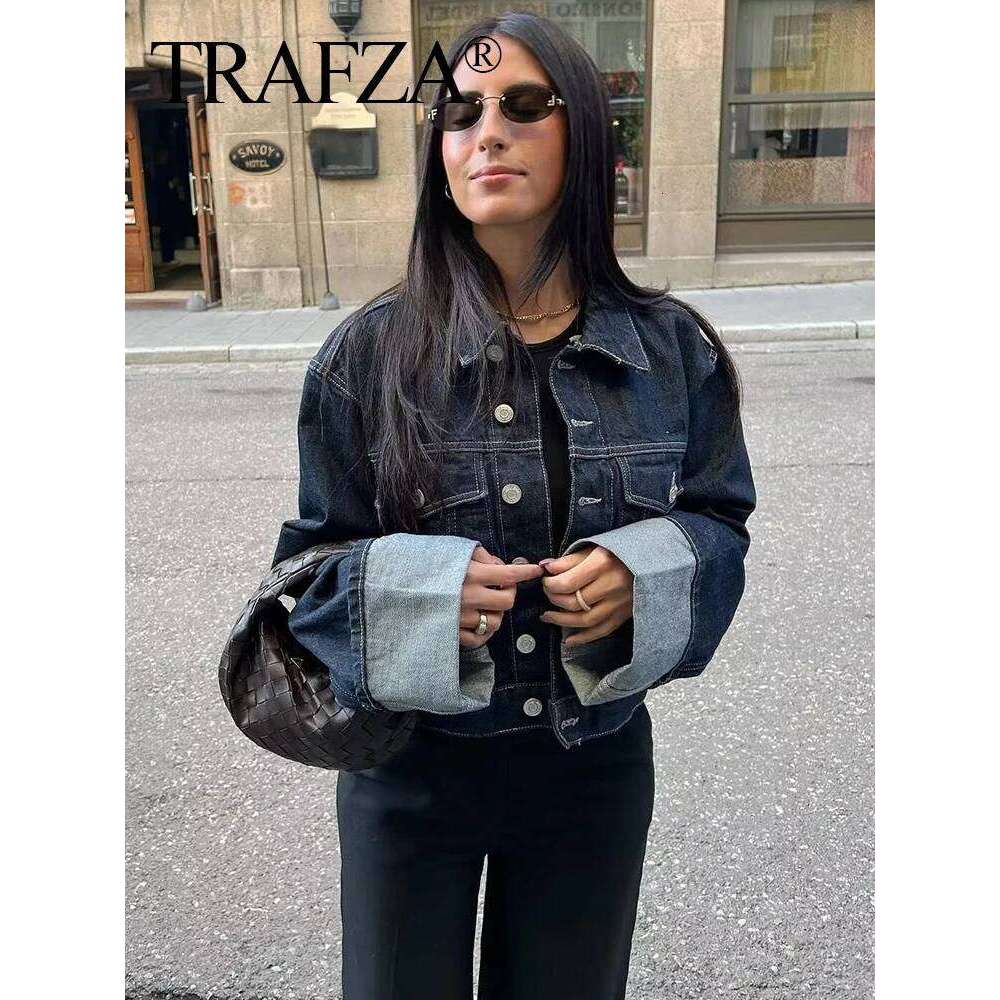 TEAFZA 2024 Vintage Women Patchwork Denim Jacket Pant Sets Long Sleeve Cropped Coat+High Waist Wide Leg Pants Streetwear Suit