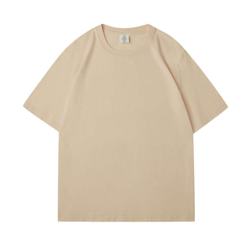 Short Sleeve Summer Round Neck 230g Pure Cotton Tee Small Neckline Solid Color Youth Unisex Regular Shoulder T-Shirt-Shallow camel