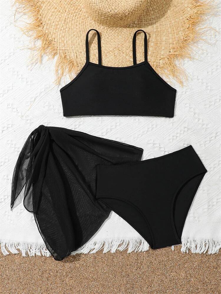 Girls Kids Swimsuit 2025 New Black Sling Bikini Set Children Swimwear Summer 3 Piece Beach Cover Up Bathing Suit Swimming