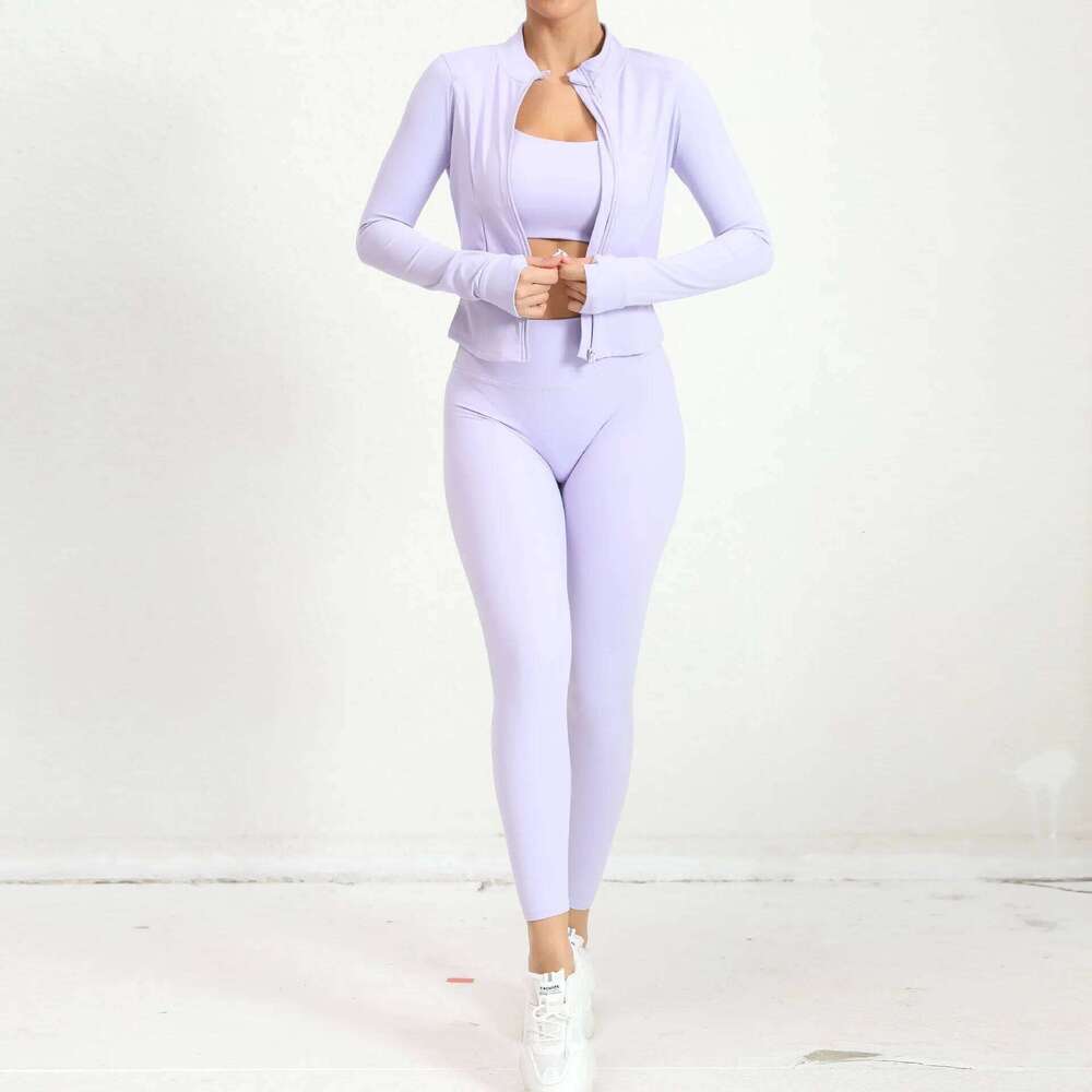 New Yoga 3PCS Clothes Workout Sportswear Suits For Women Jacket Fiess Set Tracksuits Sports Bra Running Gym Leggings