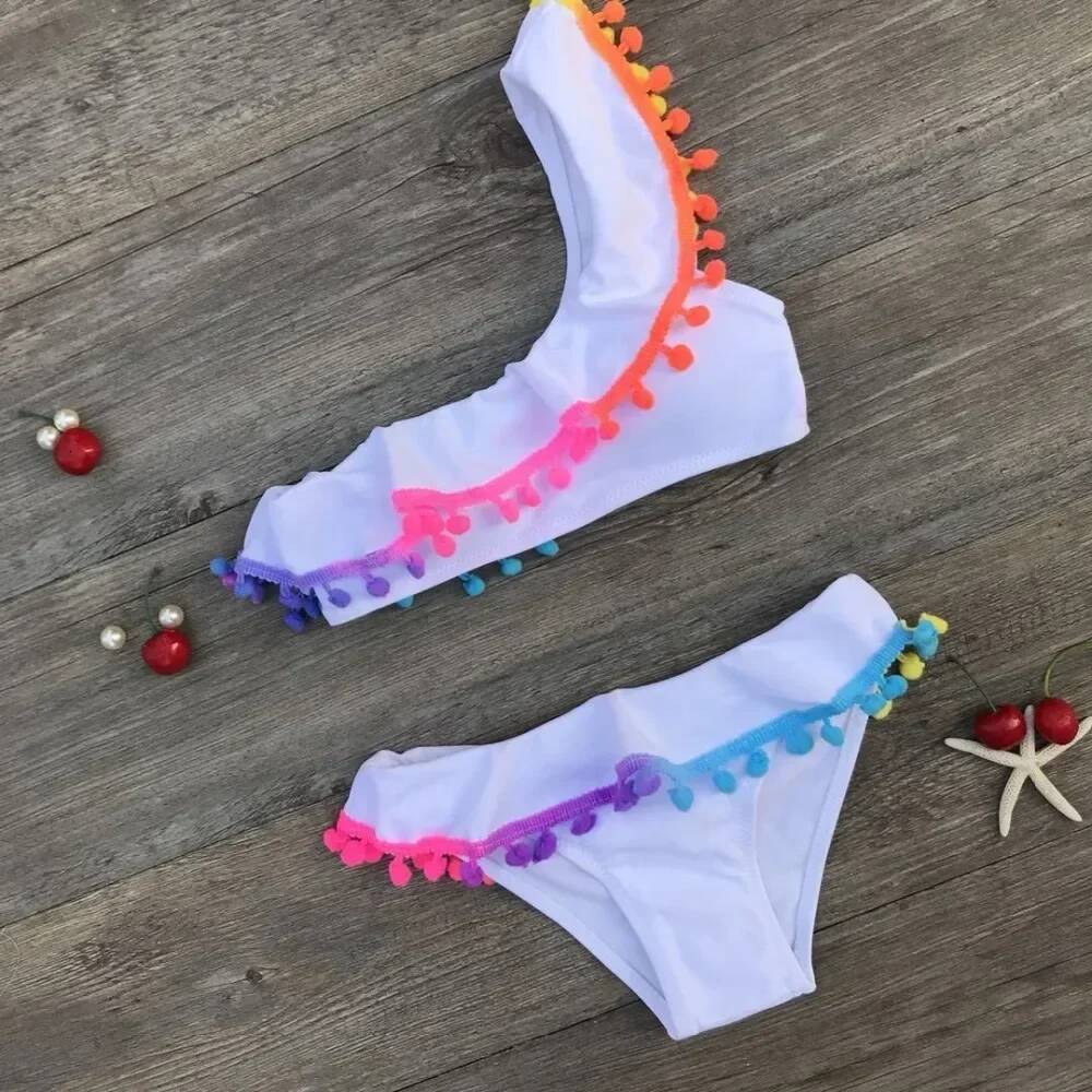 2025 Girls Split Swimsuits Cute Shoulder Swimsuit Children Swimwear Bikini Set Girl Swimming Clothes Kids Bathing Suit Beachwear