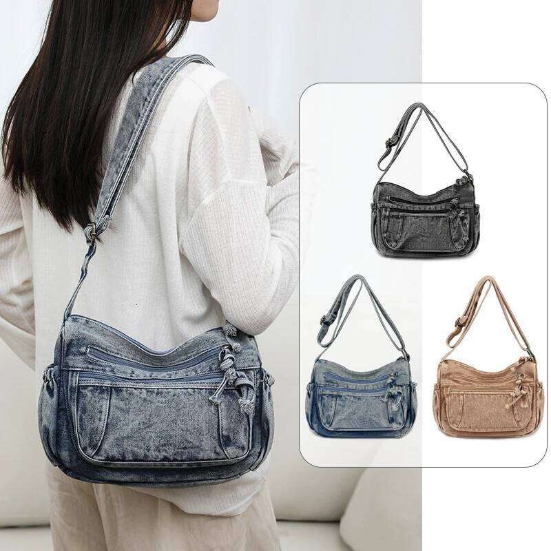 Women Retro Travel Sling Shoulder Casual Washed Denim Commuting Crossbody Bag Female Shopping Tote Handbags Large Day Pack