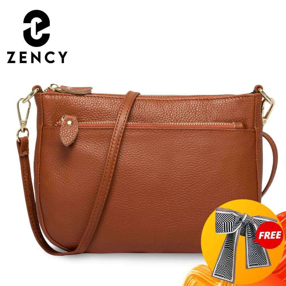 Zency Fashion Women Crossbody Bag 100% Genuine Leather Brown Handbag Small Flap Bags Simple Lady Shoulder Purse Messenger Wallet