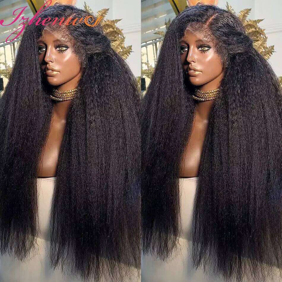 Transparent Kinky 13x6 Frontal Wigs Yaki Straight Human Hair Pre Plucked Remy Lace Closure Wig 250 Density