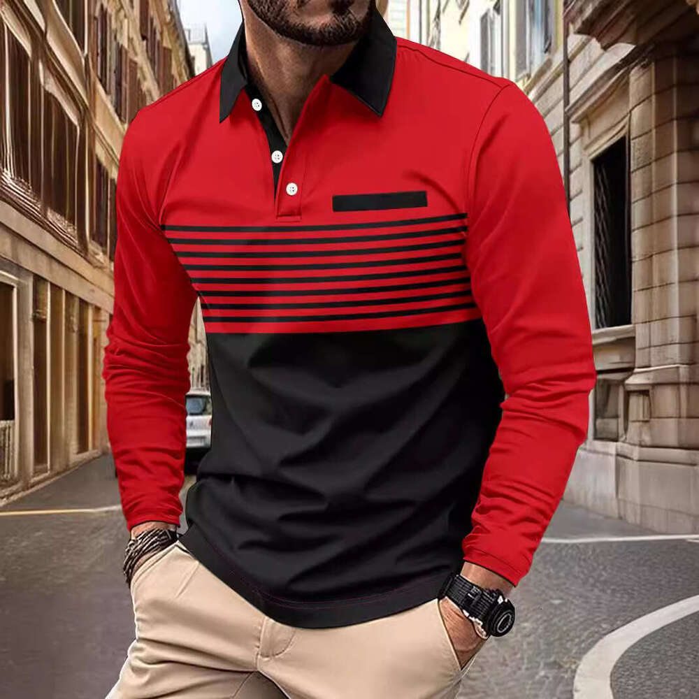 Autumn New Men's T-Shirt Casual Striped Turn-Down Collar Long Sleeve Polo Shirt B5