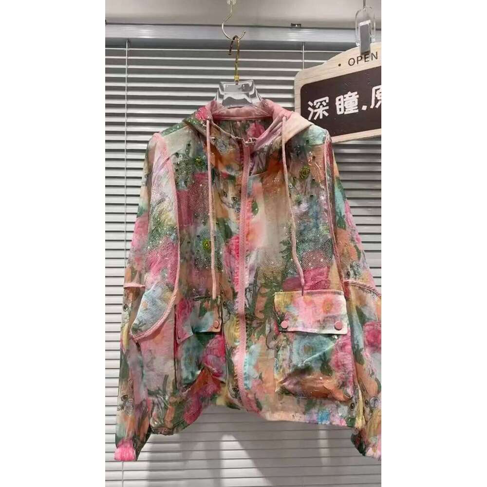 New 2025 Sparkle Sequins Dias Oversize Zipper Hooded Sunscreen Shirts Blouses For Women Long Sleeve Tops