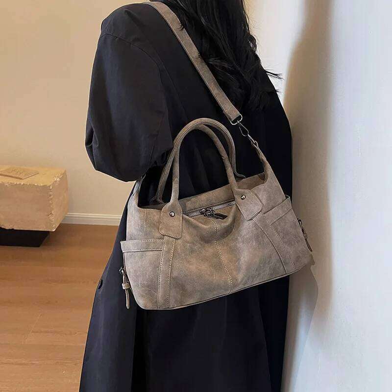Light Solid PU Retro Women's Tote High Quality Casual Versatile Handbag Fashion Large Capacity Commuter Shoulder Bag