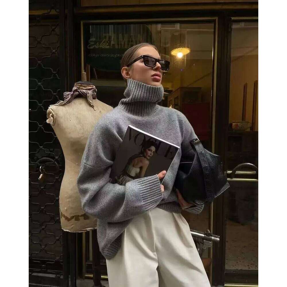 Thickened Turtleneck 100% Pure Cashmere Women's Loose Lazy Knit Silhouette Sweater European Products