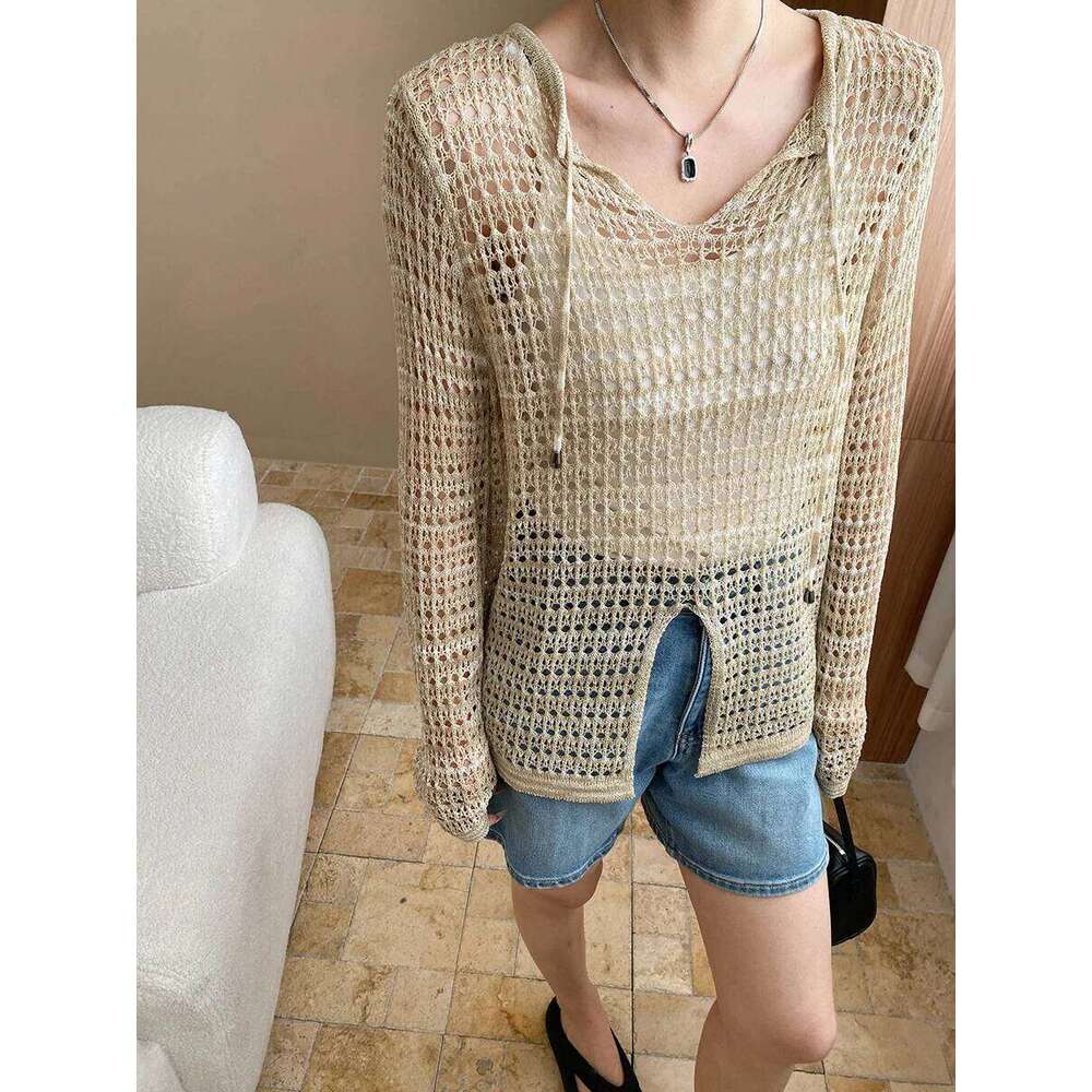Curved Bead Ice Silk Hollow Out Split Knit Sunscreen Cover-Up Tops