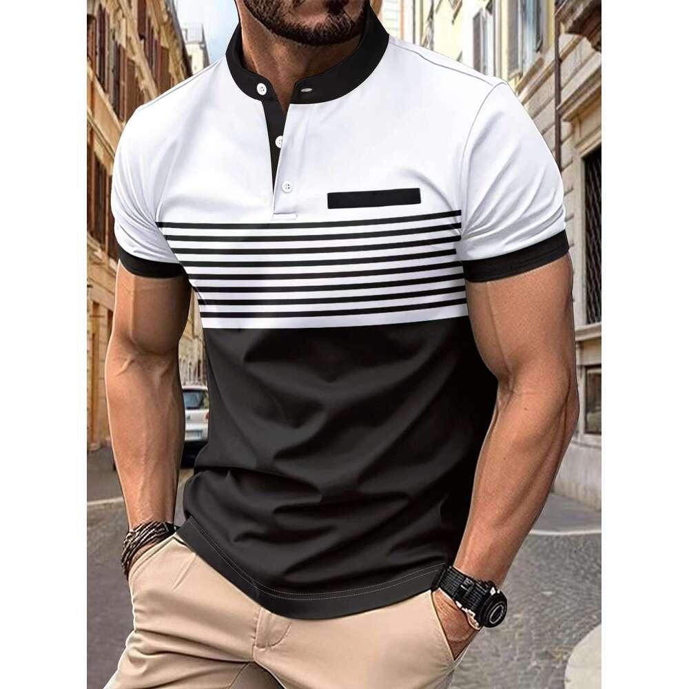Summer New Fashion Striped Stand Collar Short Sleeve Polo Men's Golf Henley Shirt B5