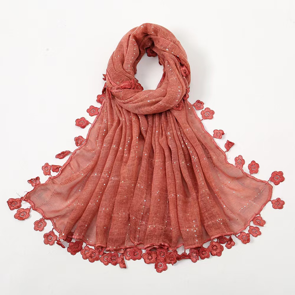 T934 new candy color tassel embroidered lace scarf cotton and linen feel silver sequins fashionable all-match headscarf shawl