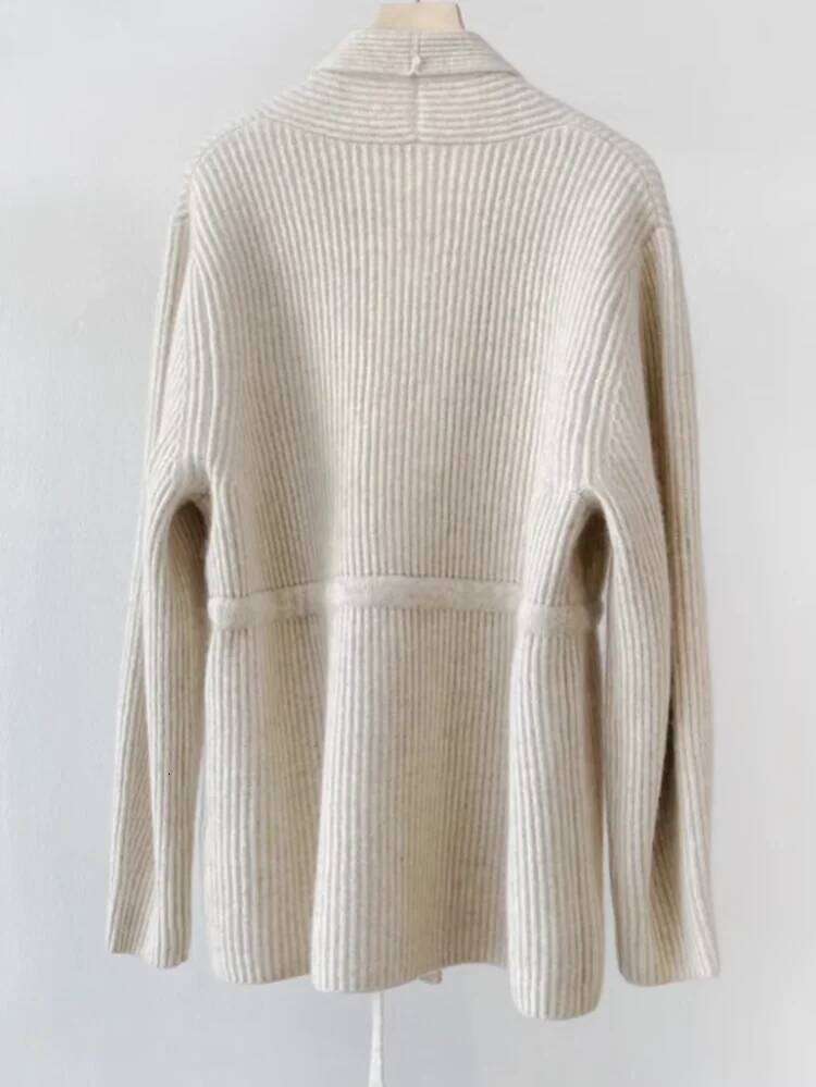 100% Wool Cardigan Women's Loose Jacket For Autumn Winter, Mid To Long Style With Tie Up And Waist Cinching Knit Sweater