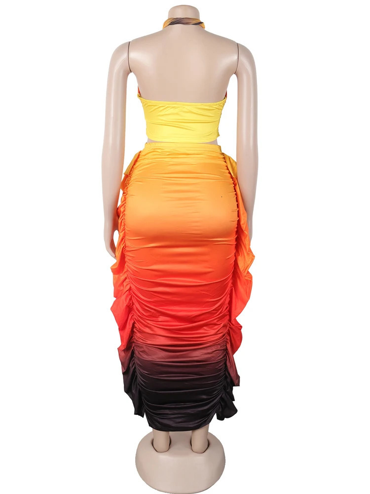 Beyprern Tropical Goddess Halter Neck Crop Top And Maxi Skirt Set Summer Womens Tie Dye Ruched Two-Piece Dress Night Clubwear 250609
