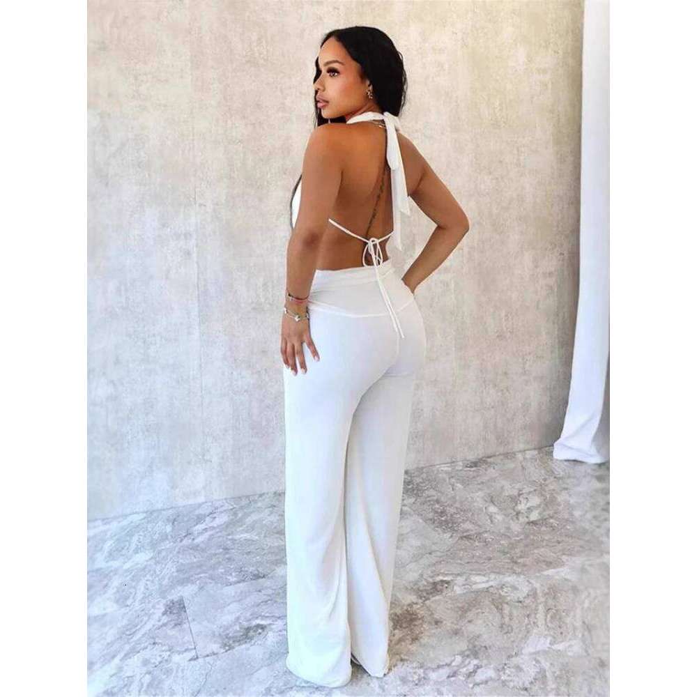 Halter Backless Deep V Cowl Neck Solid Color Jumpsuit For Women Elegant Evening Gowns Tea Party Attire Sexy One Piece Outfit