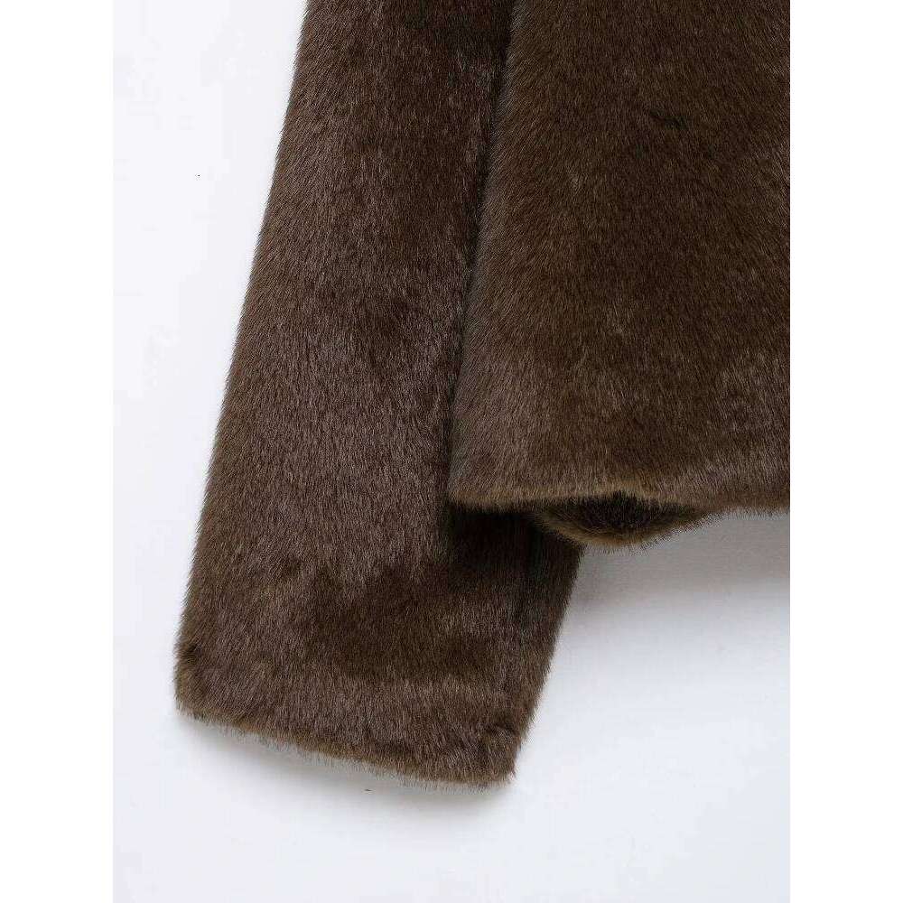 ZBZA Women's Fashion Brooch Jacket Vintage Simple O-Neck Long Sleeve Faux Fur Cardigan Winter New Female Chic Outerwear