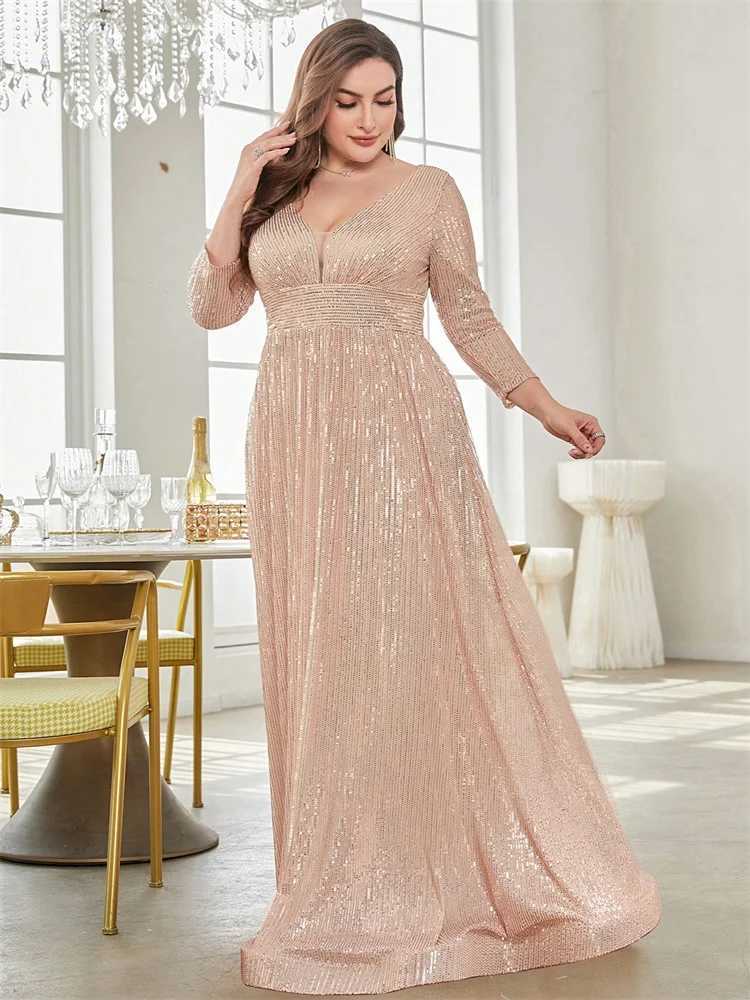 Plus Size Luxury V-Neck Long Sleeves Sequins Evening Dress For Women 2024 Wedding Party Prom Maxi Cocktail Bridesmaid Gowns XJ250610
