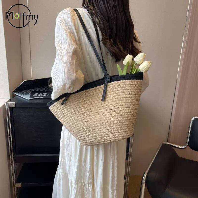 Women Beach Braided Basket Clutches Handlebag Portable Shoulder Travel Messenger Woven Bag Purses Shopper Satchel Female