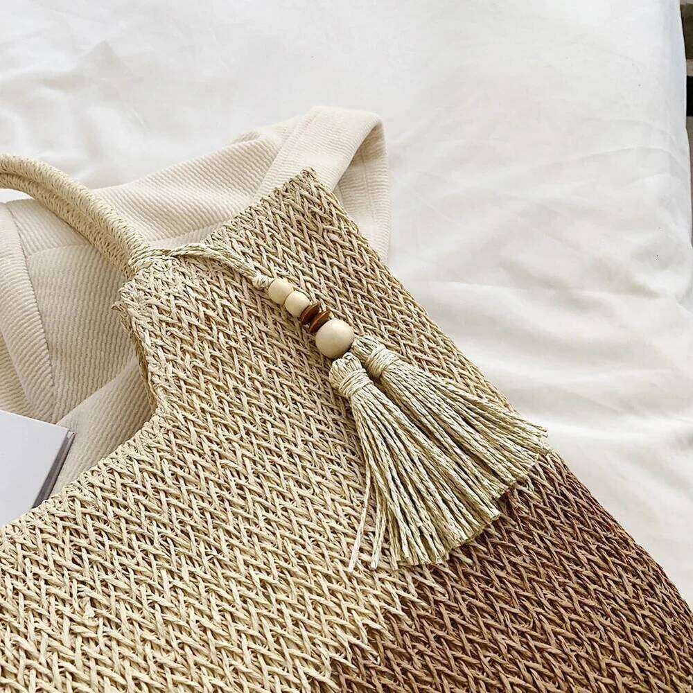 Summer Ladies Woven Contrast Color With Tassels Shopping Tote Bag Large-Capacity Handmade Casual Simple For Seaside Holiday