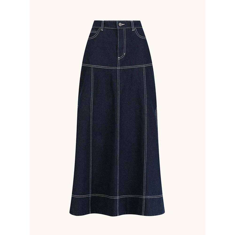 Trendy Women's Contrast Ing Denim Set Short-Sleeve Crop Top Matching High Waist Maxi Skirt Summer Casual Outfits