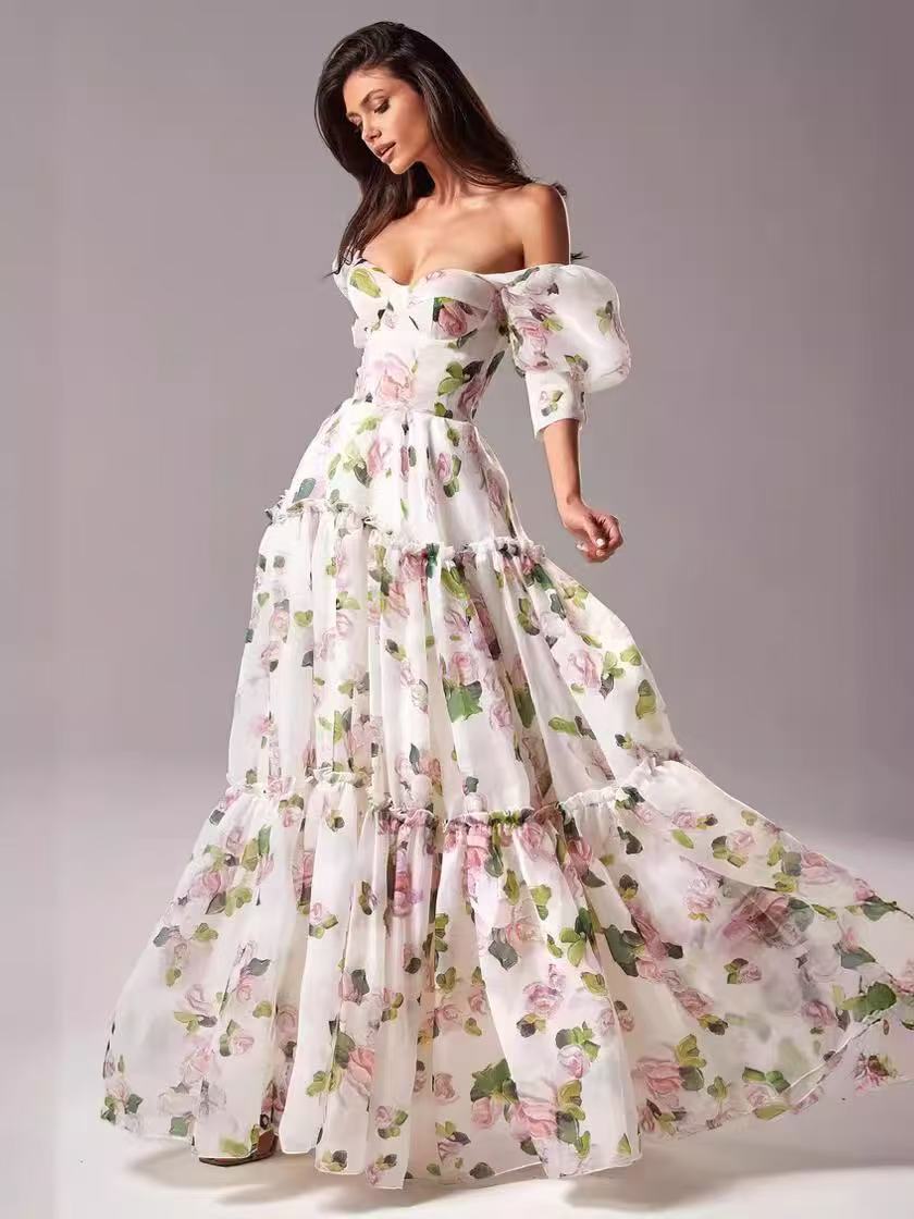Elegant Floral Print Evening Party Dresses Women Charming A-line Off Shoulder Boat Neck Loose Short Sleeve Prom Gowns Robe Dress