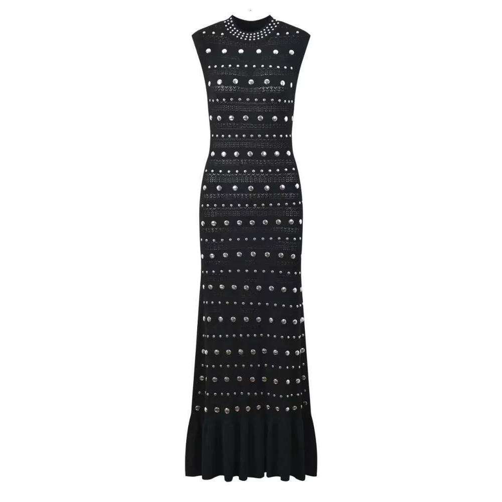 HMA New Spring French Elegant Long Dress Women's Sequined Ice Silk Knitted Sleeveless Slim Summer Dresses