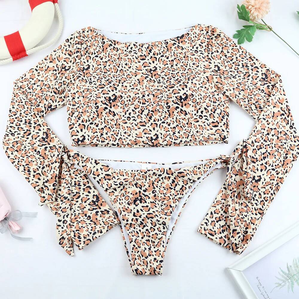 Women's Two Pieces Swimsuit Leopard Printing Bikini Long Sleeve Sun Protection Rash Guard Padded Swimwear Swimming Bathing Suits