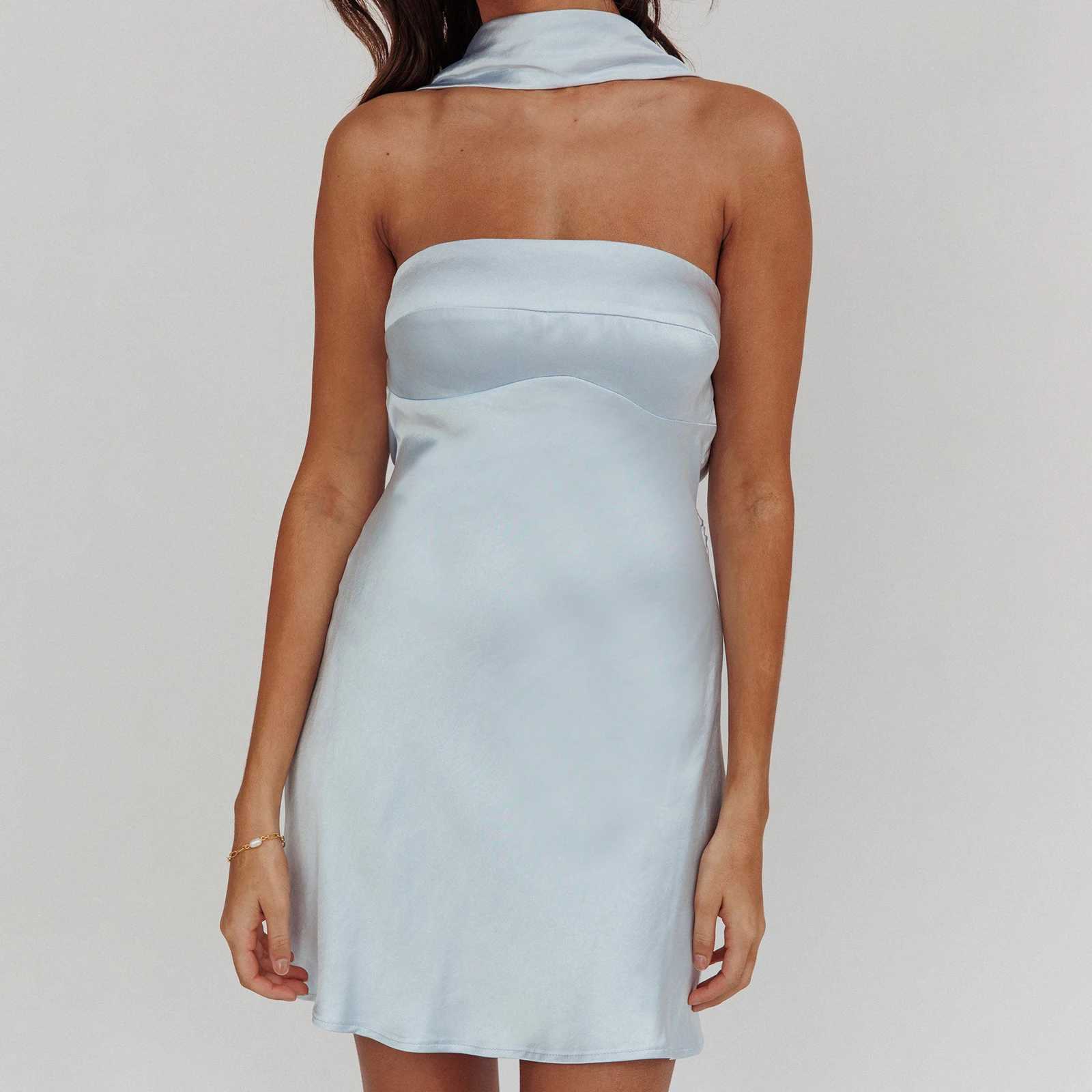 hirigin Women Strapless Tube Mini Bodycon Dress with Scarf Y2k Sexy Open Back Silk Satin Club Party Night Short Dresses Summer XJ250610