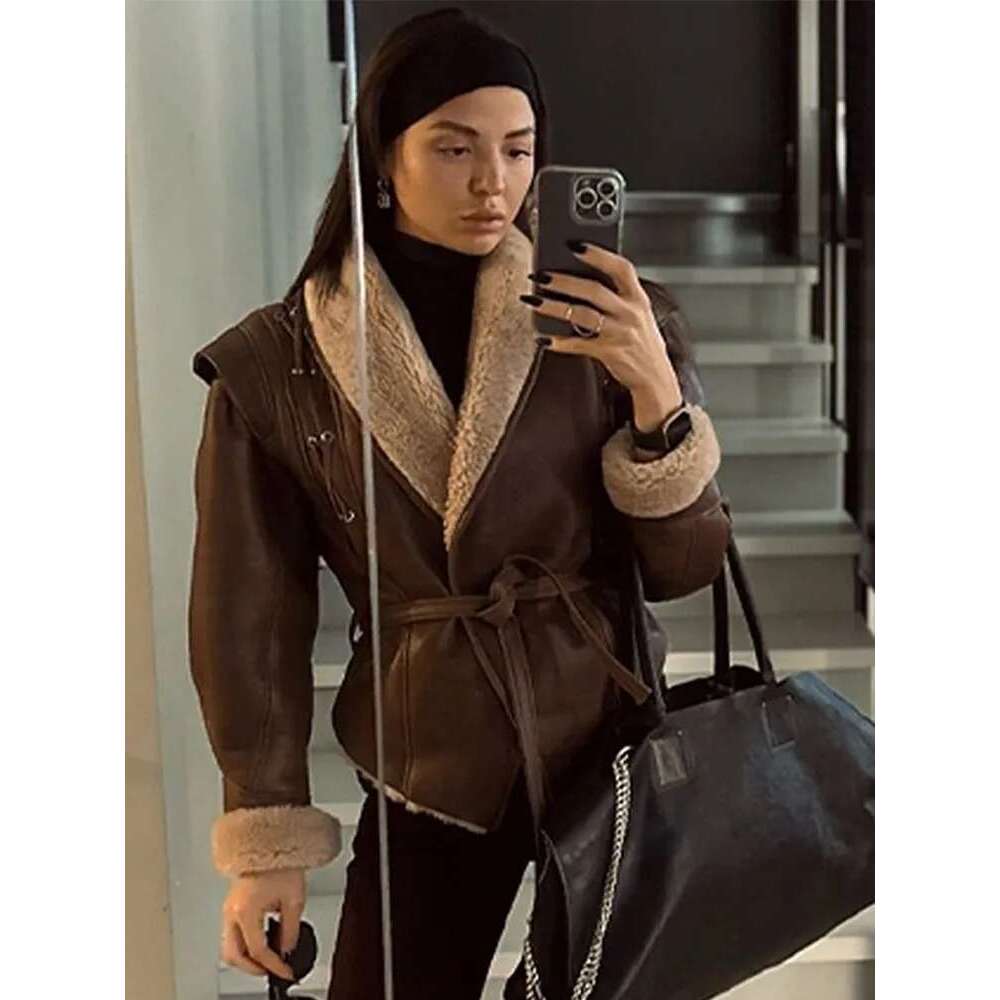 Suede Lace-Up Jacket Coat French Retro Brown Women Leather Jackets With Belt Waist Cinching Slim Fit Winter Overcoat