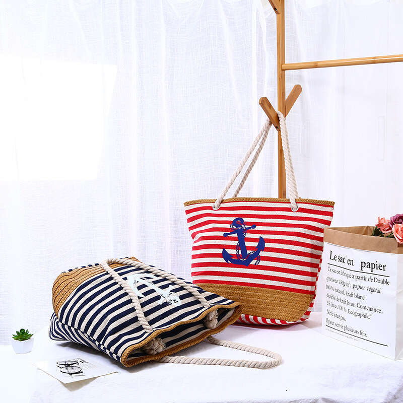 Casual Style Beach Single Canvas Classic Fashion Striped Shoulder Large Capacity Shopping Bag