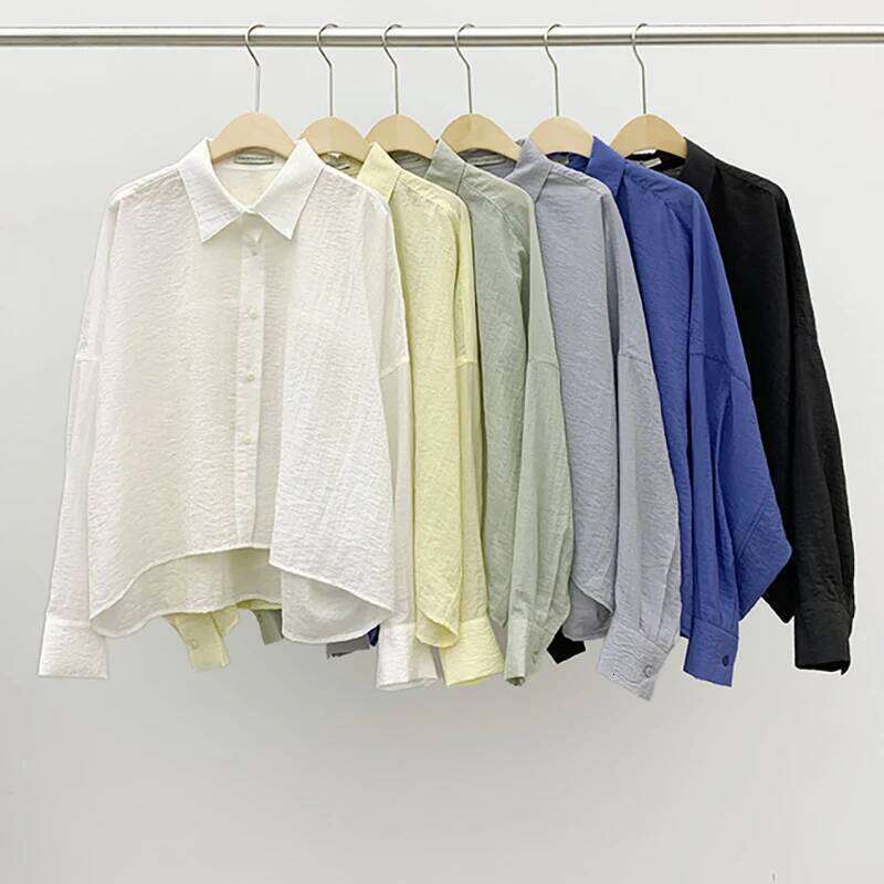 DEAT Fashion Blue Linen Irregular Sunscreen Shirt Women's Lapel Loose Fit Single Breasted Long Sleeves Short Blouse New 7Ab9147