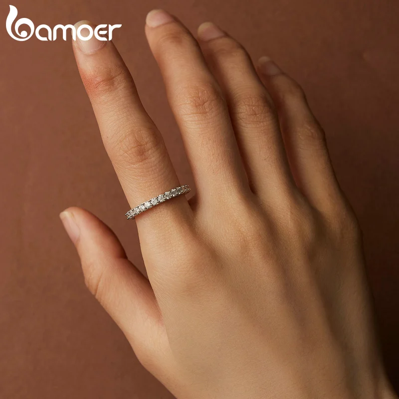 Bamoer TOP 925 Sterling Silver Moissanite Ring Stackable Finger Ring Fine Jewelry for Women Wedding Diamond Engagement Band MSR028