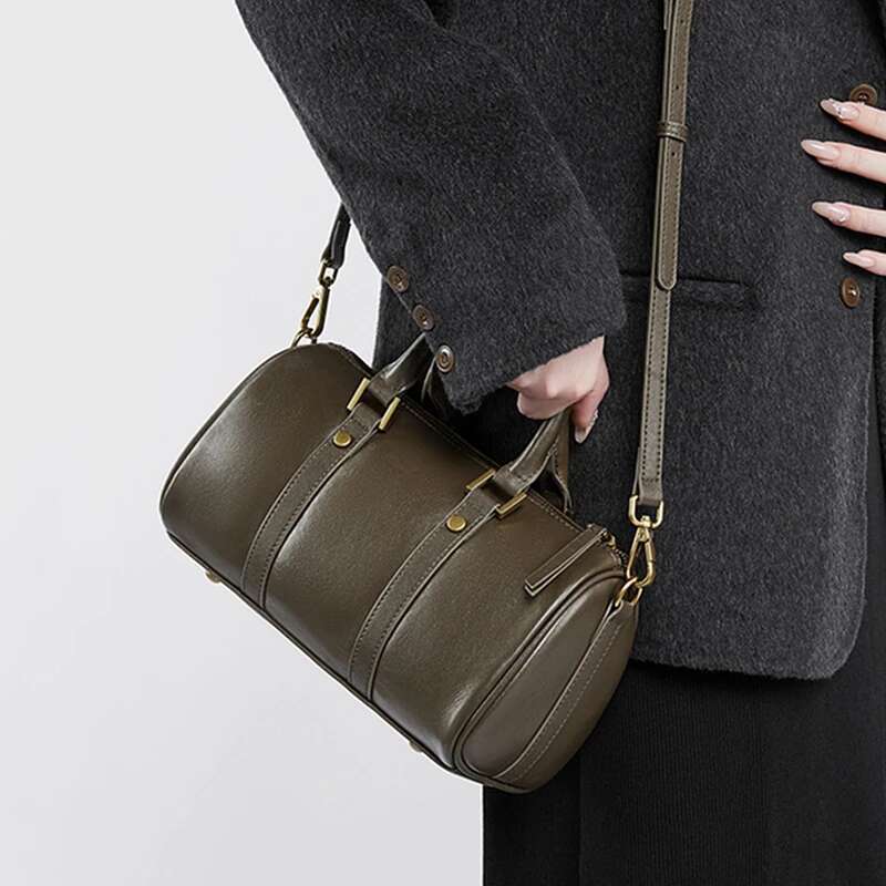 Toptrends Cow Genuine Leather Boston Small Tote Handbags For Women 2025 Designer Pillow Ladies Shoulder Crossbody Bags