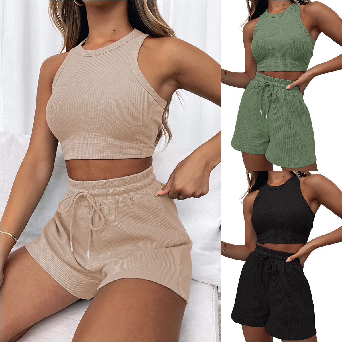 Designer Women Sportswear Sleeveless Waffle 2-piece Set Women Solid Color Shorts Tank Top Strap Shorts Summer Sexy Casual Sportswear
