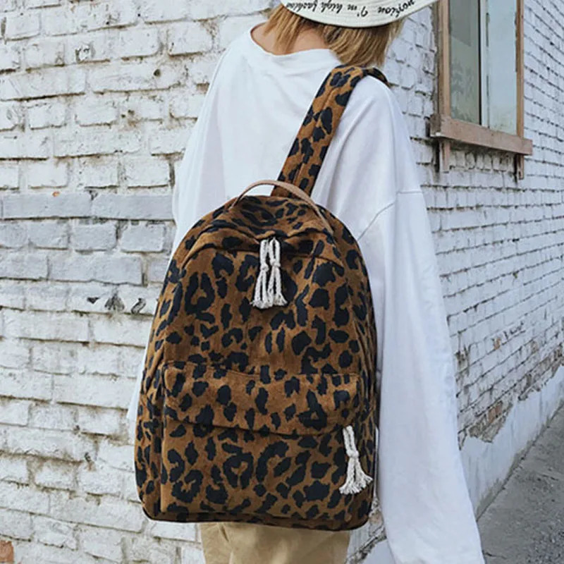 Corduroy Travel Leopard Backpack For Woman Travel Backpack Large Capacity Vintage Teenage Female School ShoulderBag Bagpack 250606