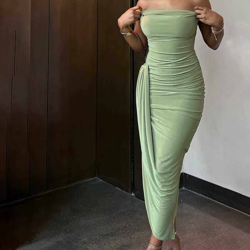 VEITCHE Summer Elegant Women Strapless Shirring Maxi Dress Sexy Wrap Chest Split Irregular Party Bodycon Dresses HolidayXJ250610