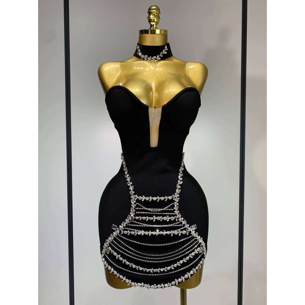 Sparkly Rhinestones Chain Bodycon Strapless Mini Bandage Dress 2025 Women Backless Birthday Evening Party Club Dresses
