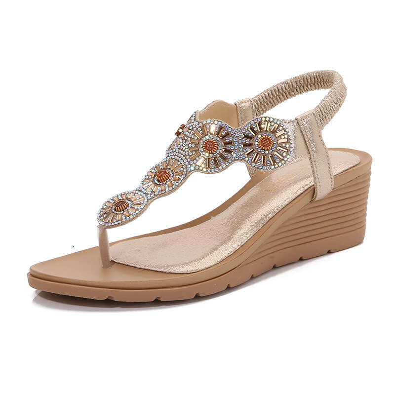 2025 Spring New Bohemian Round Toe Wedge for Women with Rhinestones Large Size Women's Sandals