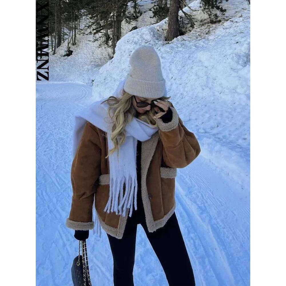XNWMNZ Fall Winter Fashion Loose Pocket Jacket Women's Retro Suede Lamb Wool Warm Coat